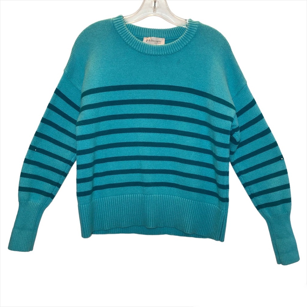 Philosophy striped crew neck sweater unique aqua and teal color combo size L